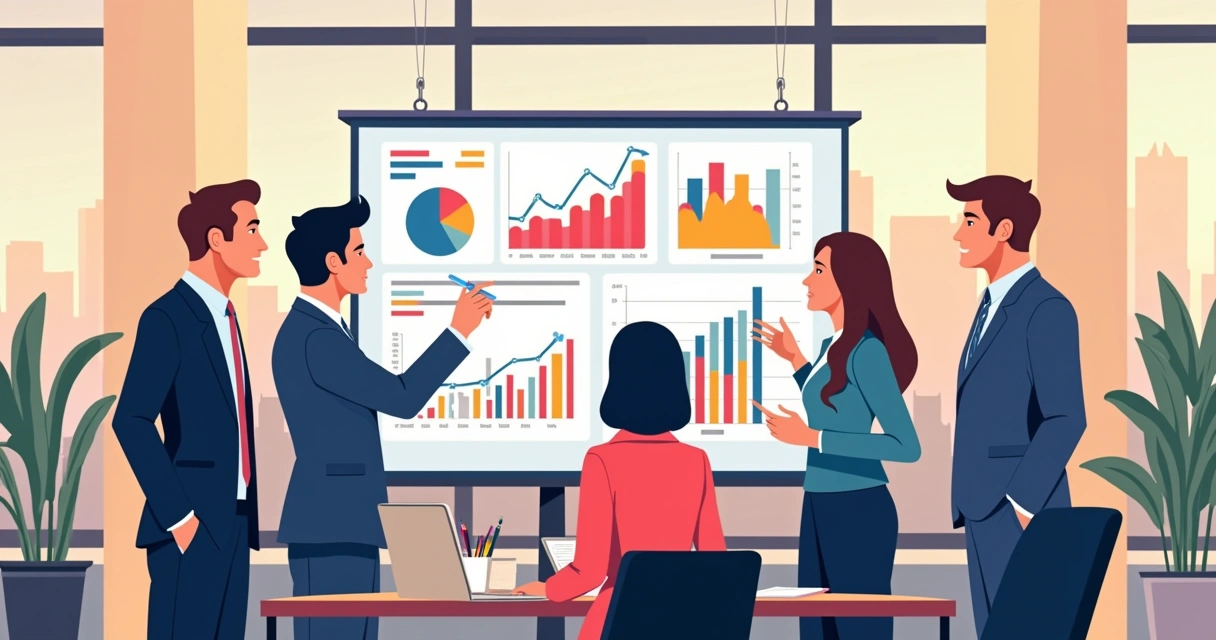 Equipe analisando dados de vendas B2B em painéis digitais 
