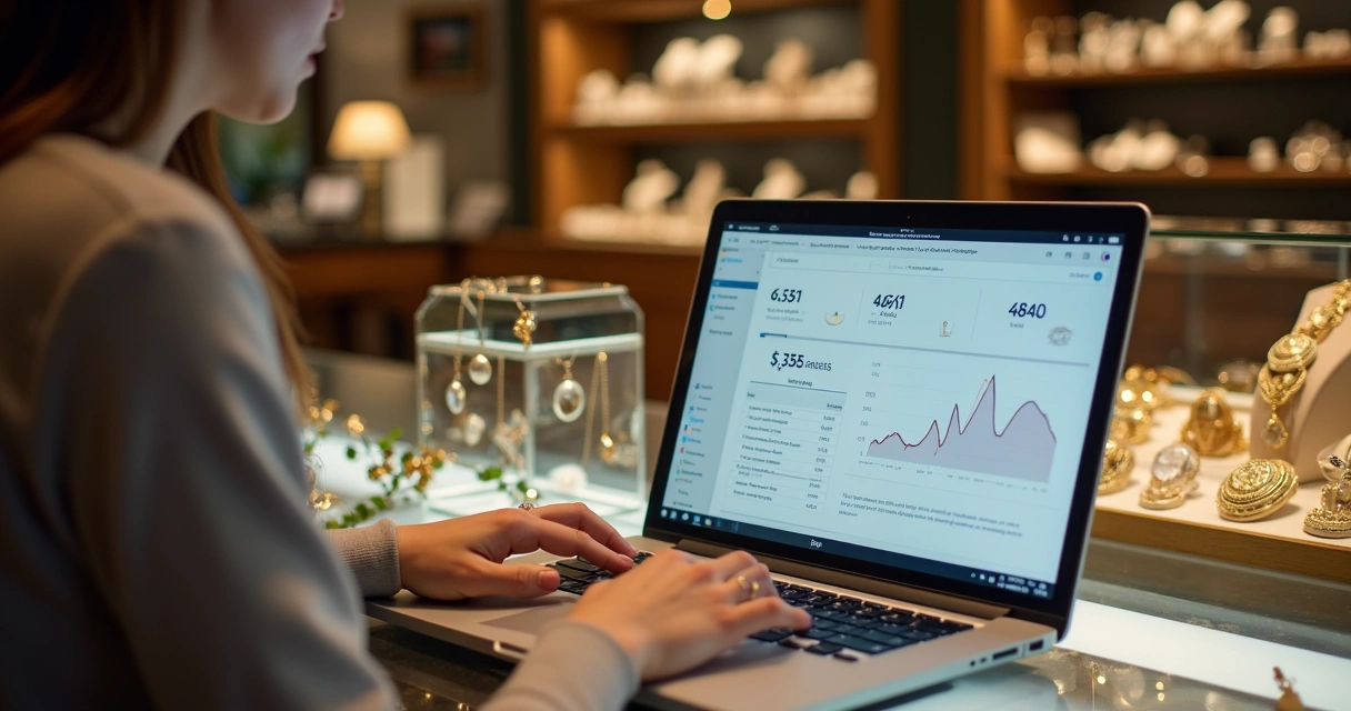 Mulher analisando relatórios de vendas de joias em um laptop 