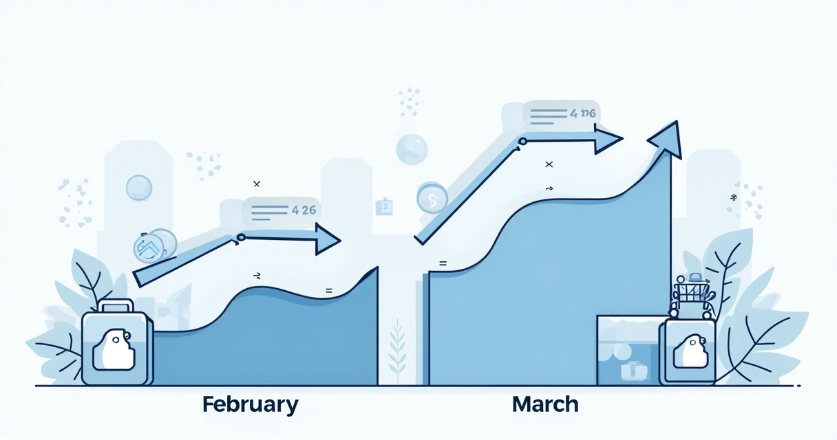 Comparação gráfica de vendas entre dois meses sucessivos, destacando linha de vendas caindo e subindo.