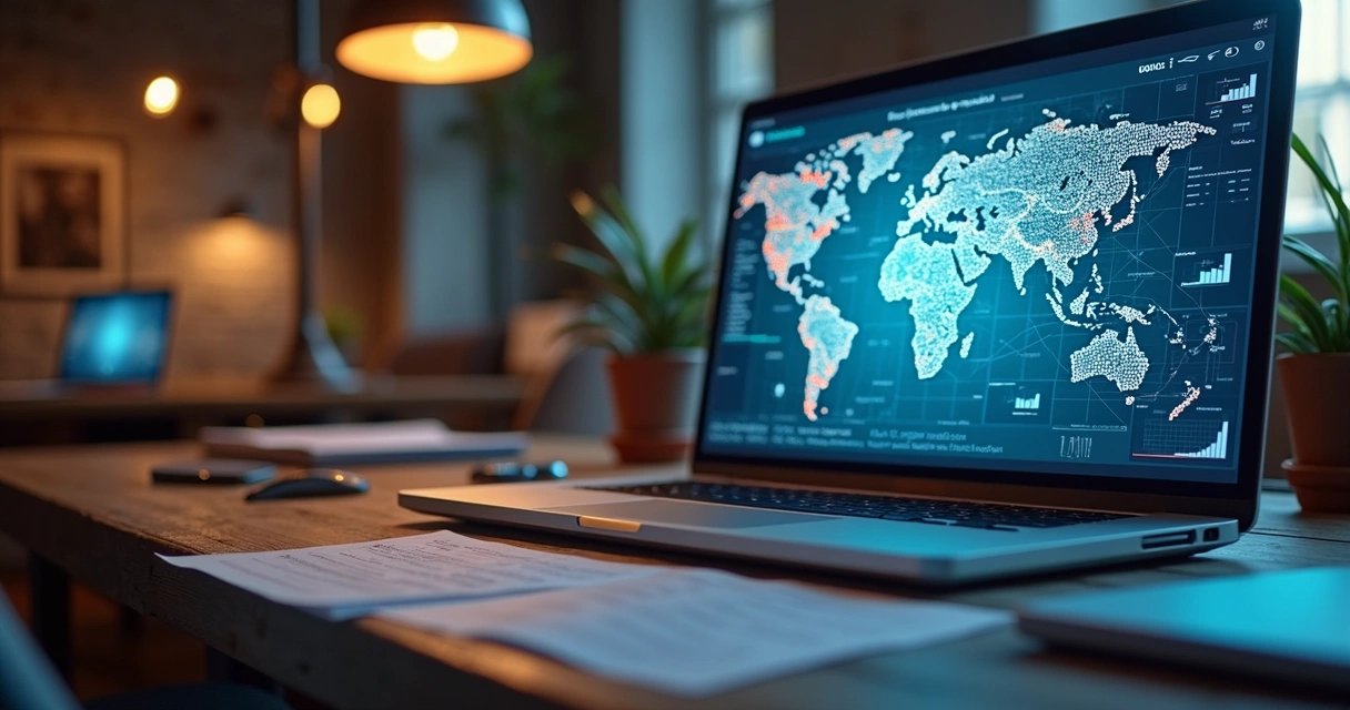 Mesa de trabalho com laptop exibindo gráficos de vendas de cursos digitais, com documentos e smartphone ao lado 