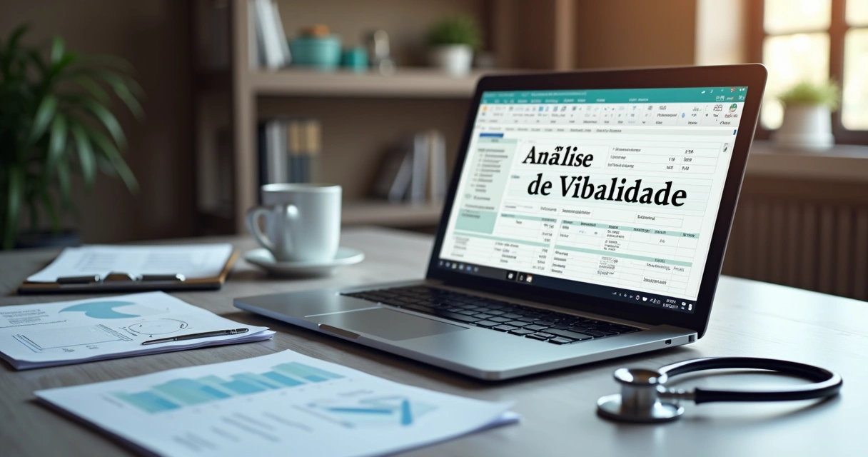 Papelada e computador mostrando análise de viabilidade empresarial médica 