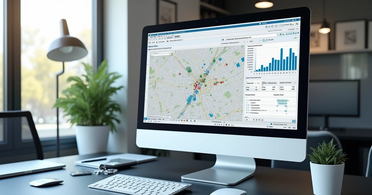 Gráfico mostra simulação de viabilidade de incorporação sobre mapa urbano, com dados de preço, ROI e potencial construtivo. 