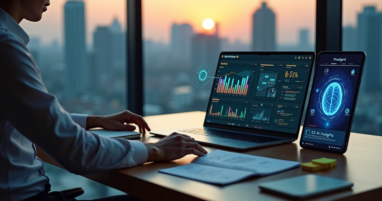 Empreendedor analisa dados de viabilidade de produto com gráficos e inteligência artificial na tela 