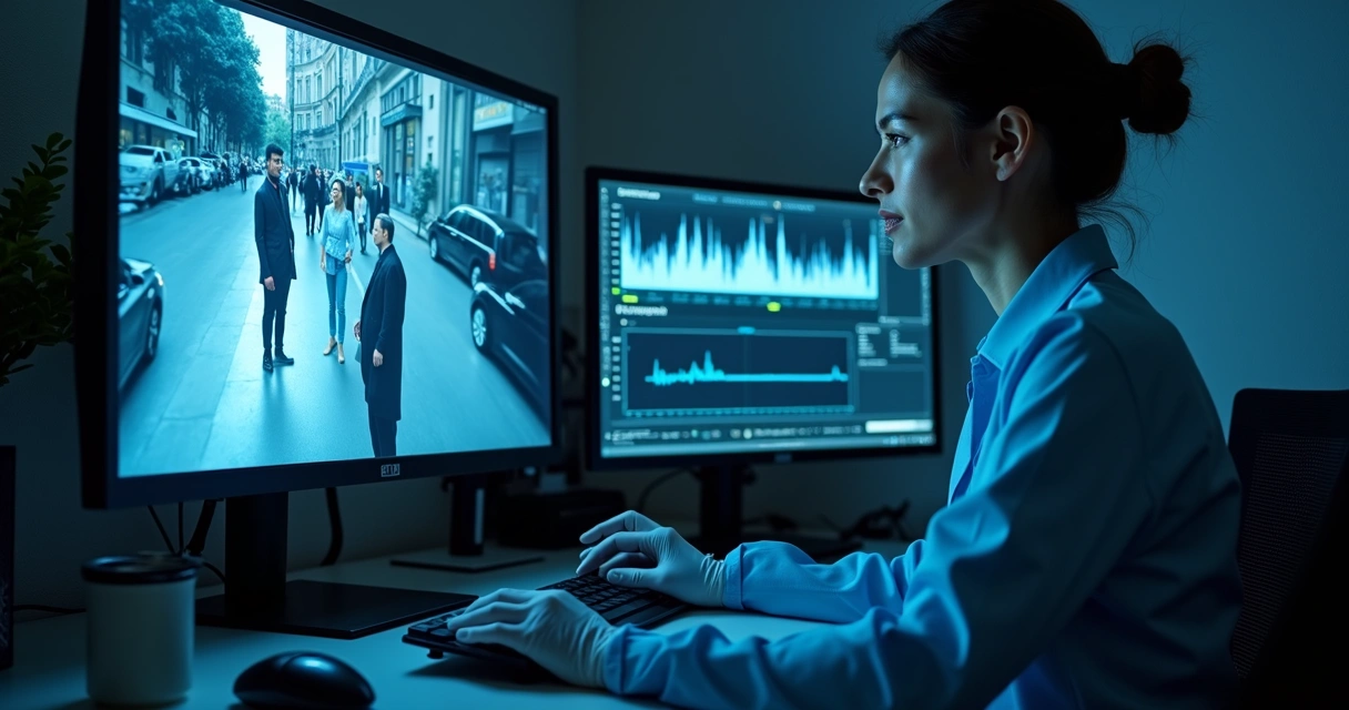 Tela com vídeo ampliado e marcações forenses em frames 
