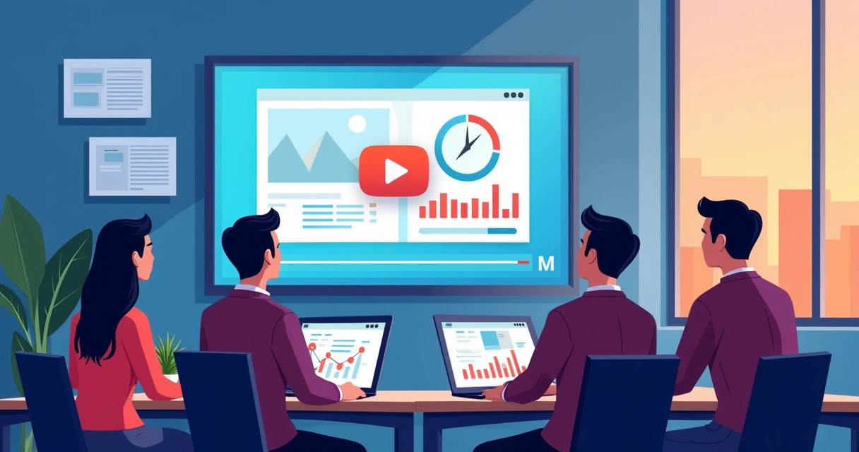 Equipe analisa vídeo de marca em tela grande com gráficos ao redor 