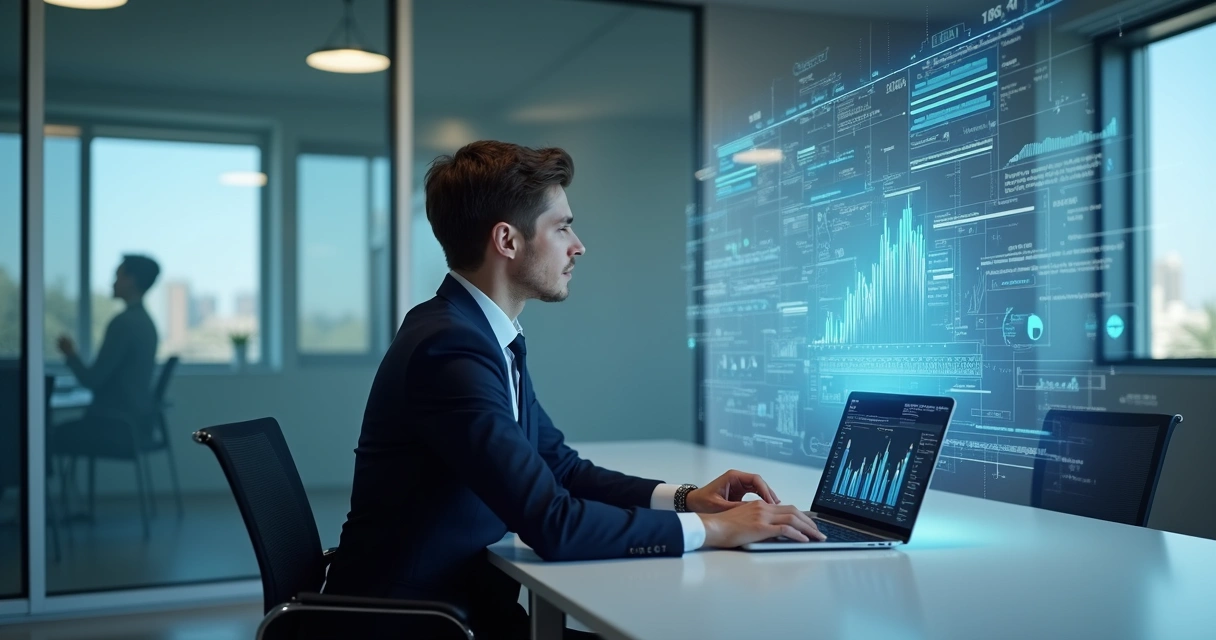 Gerente interagindo com assistente virtual em ERP 