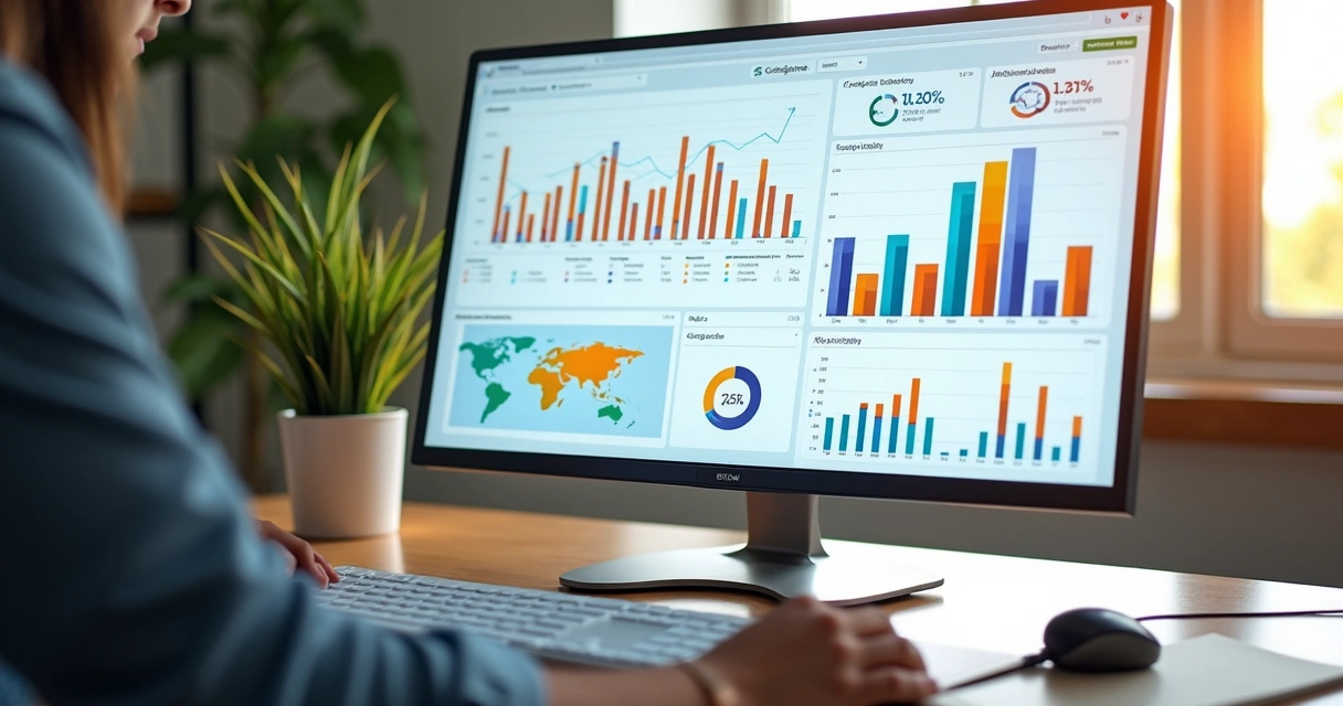 Tela de dashboard com gráficos coloridos, mostrando análise visual de dados em empresa moderna 