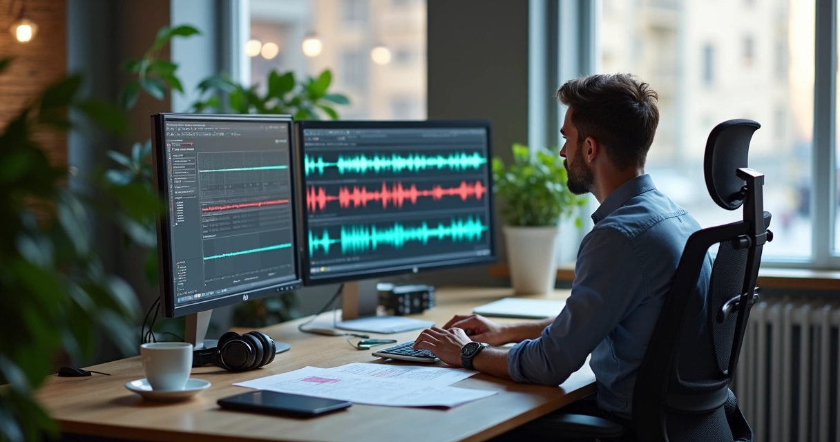 Profissional avaliando gravações de voz no computador 