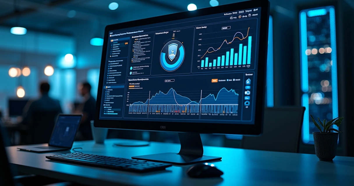Tela de computador exibindo análise de vulnerabilidades com gráficos de riscos e ícones de segurança digital 