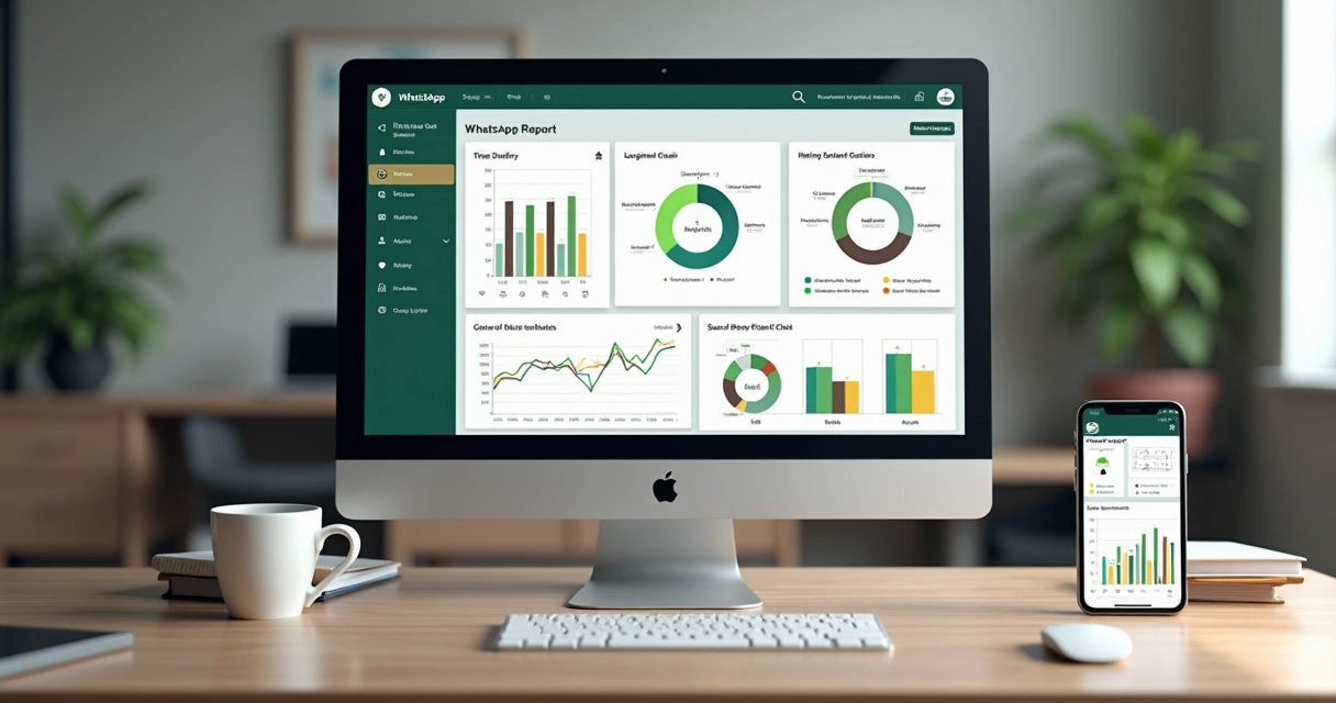 Painel de estatísticas com gráficos coloridos e relatório sobre conversas de WhatsApp 