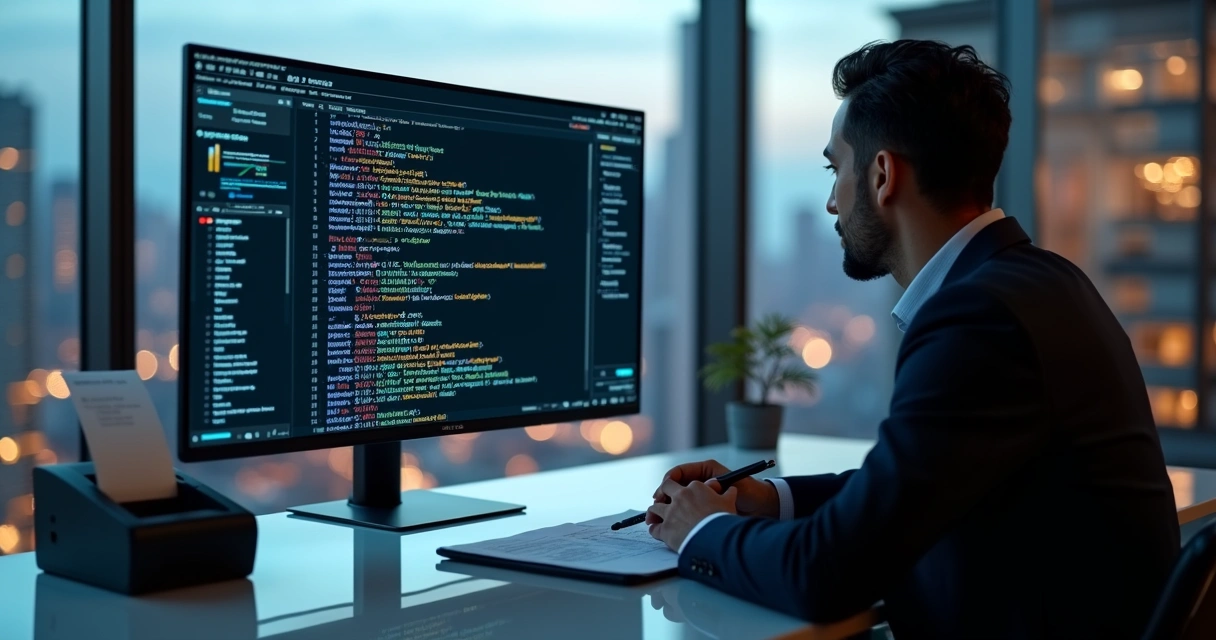 Tributarista analisando em tela grande a estrutura de XML de cupons fiscais 
