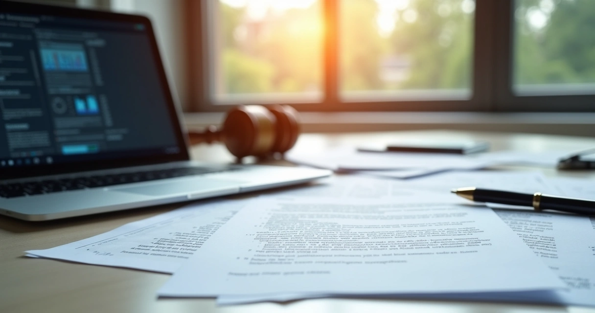 Mesa de trabalho com documentos oficiais, um laptop aberto e caneta ao lado, representando análise de processos administrativos em licitações públicas 
