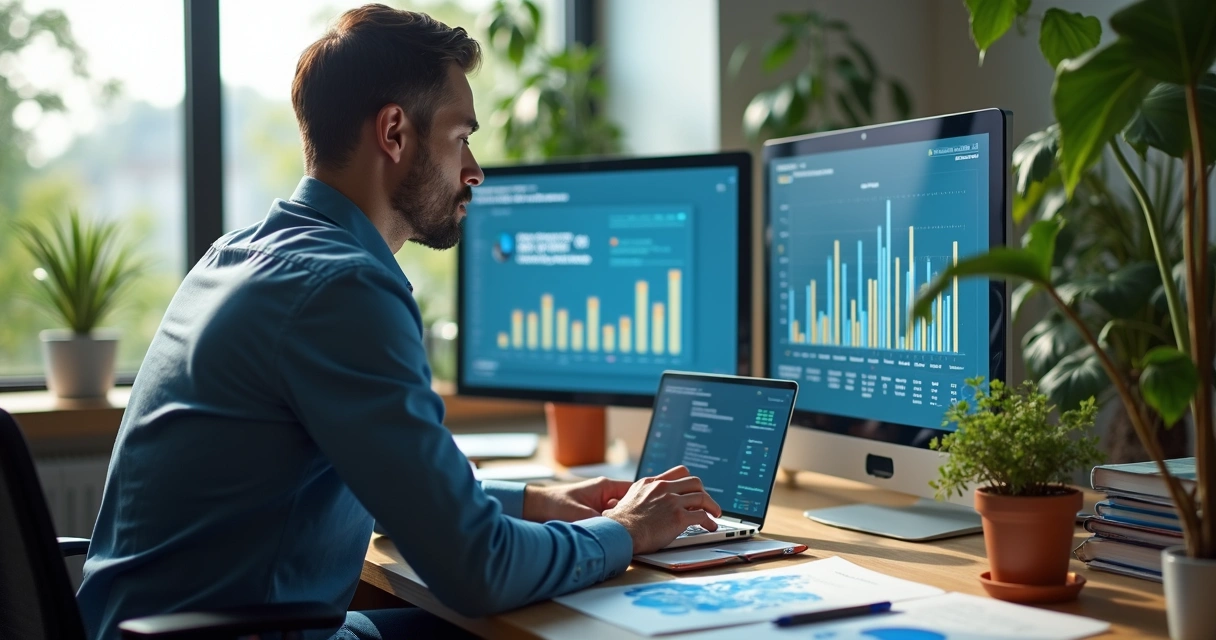 Tecnólogo analisando parâmetros de qualidade da água em estação de tratamento com gráficos e relatórios digitais 