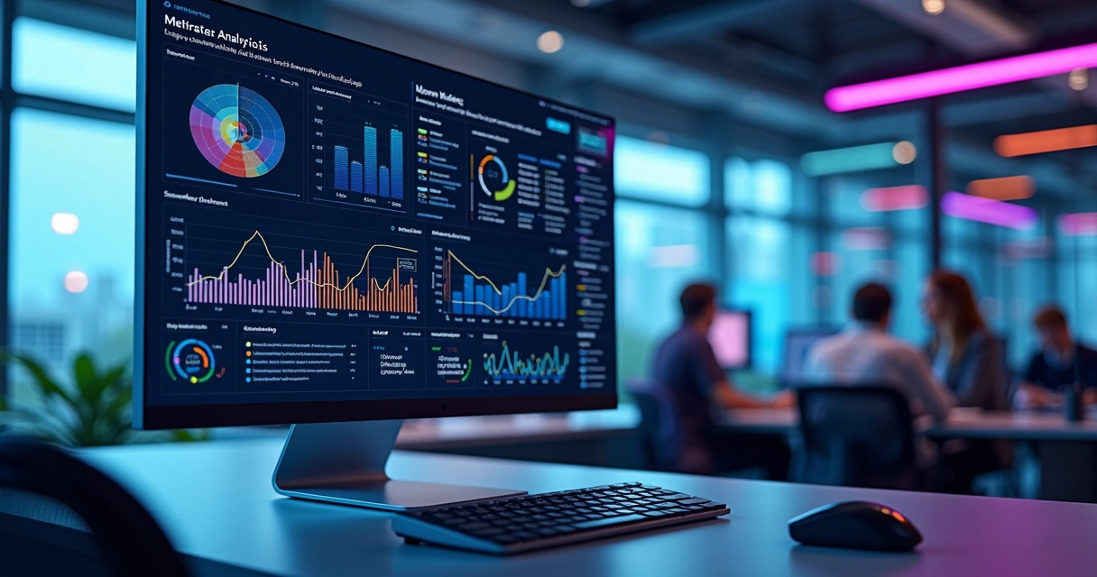 Tela de monitor com gráficos de Big Data Analytics mostrando riscos e tendências para marcas 