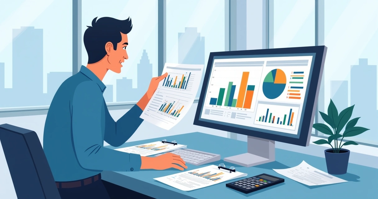 Persona analizando reporte de nómina en escritorio con gráficos y computadora 