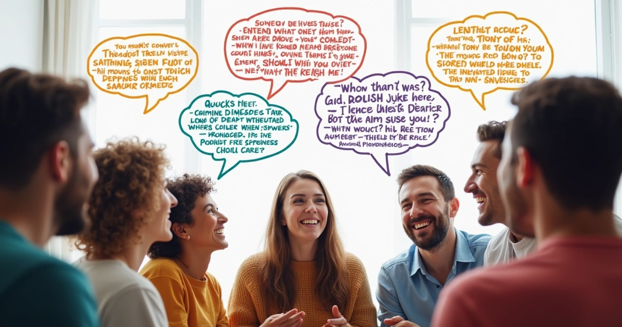 Personas reunidas conversando, palabras resaltadas en globos de texto 