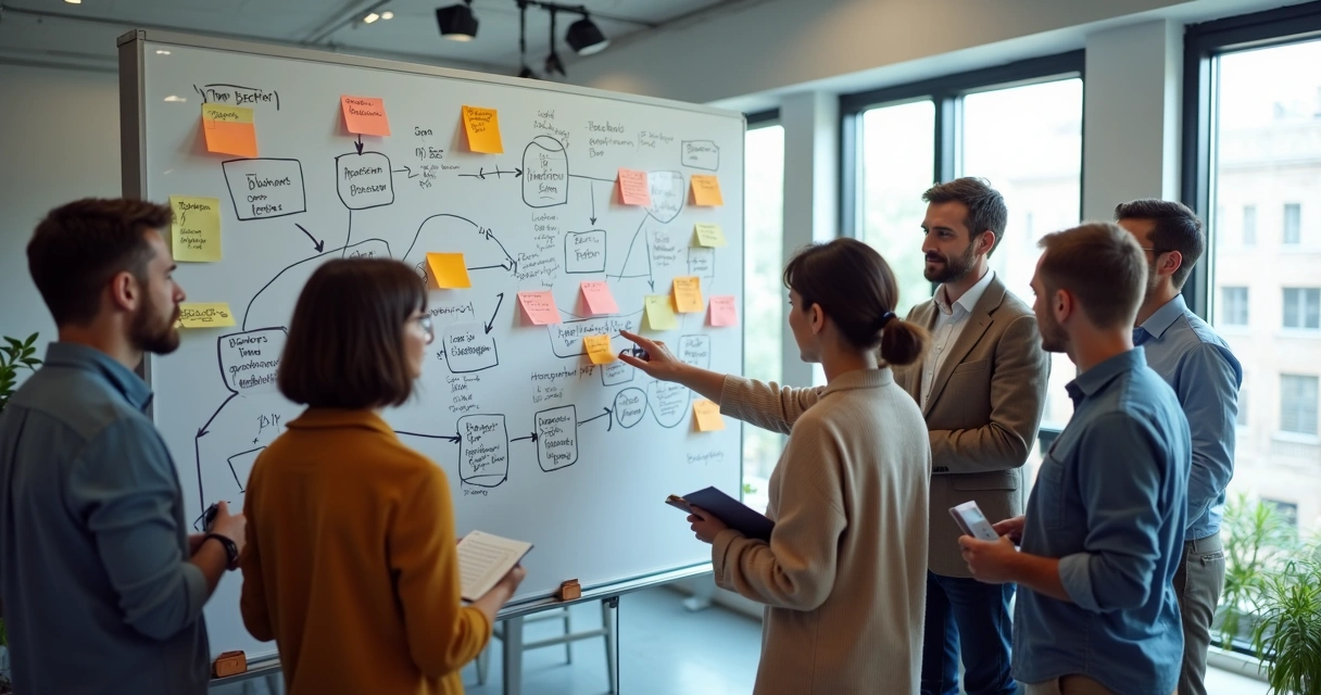 Varios profesionales discutiendo frente a un tablero lleno de diagramas y conexiones 