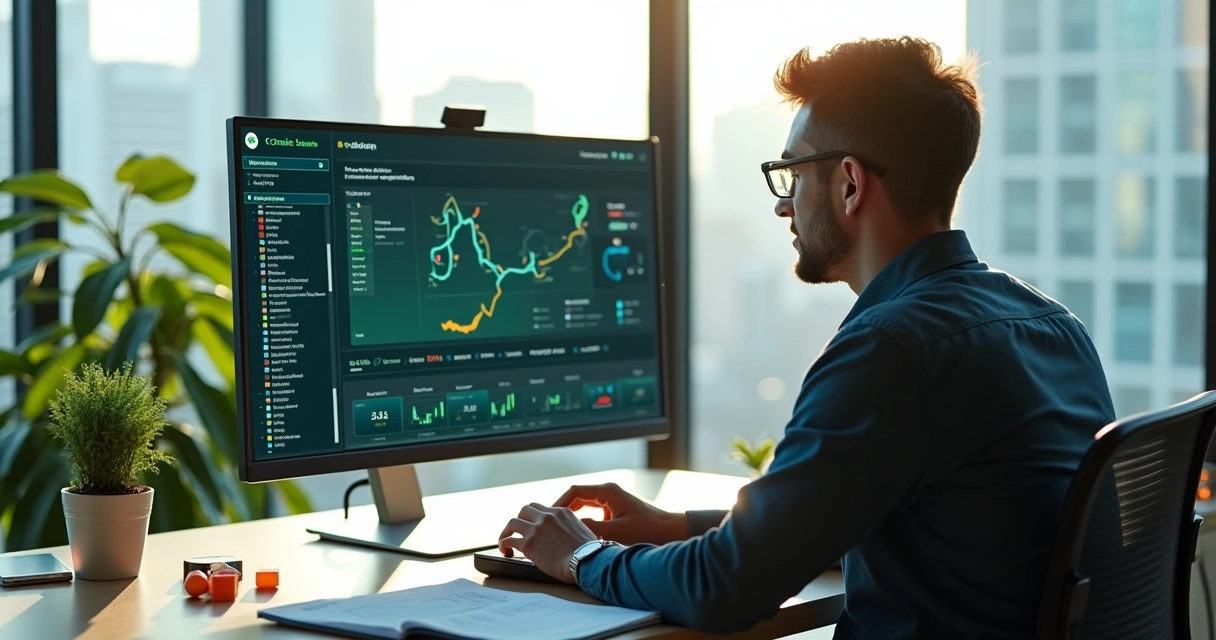 Pessoa analisando painel de dados de APIs para rastreamento de clientes 