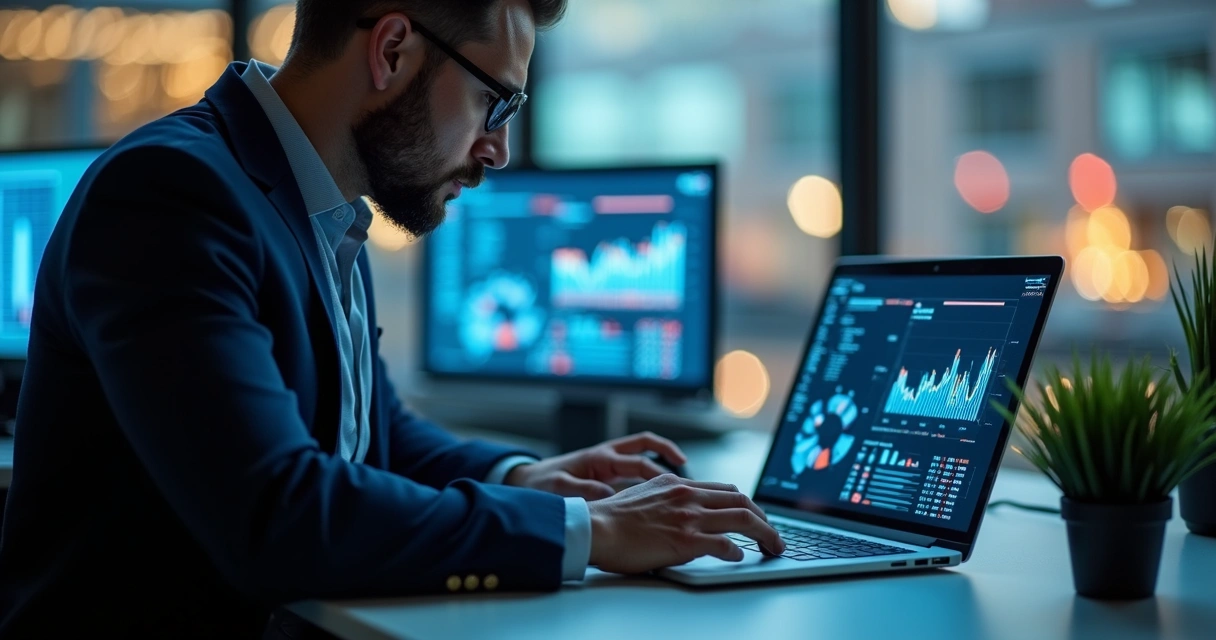 Analista de dados verificando integração de sistemas SaaS em notebook