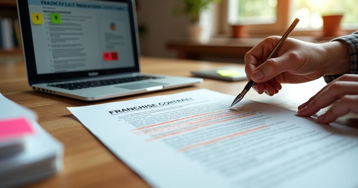 Pessoa destacando cláusulas em contrato de franquia sobre mesa de escritório 