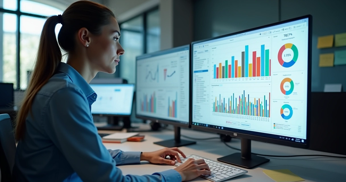 Pessoa analisando dados em um computador com gráficos coloridos em destaque. 