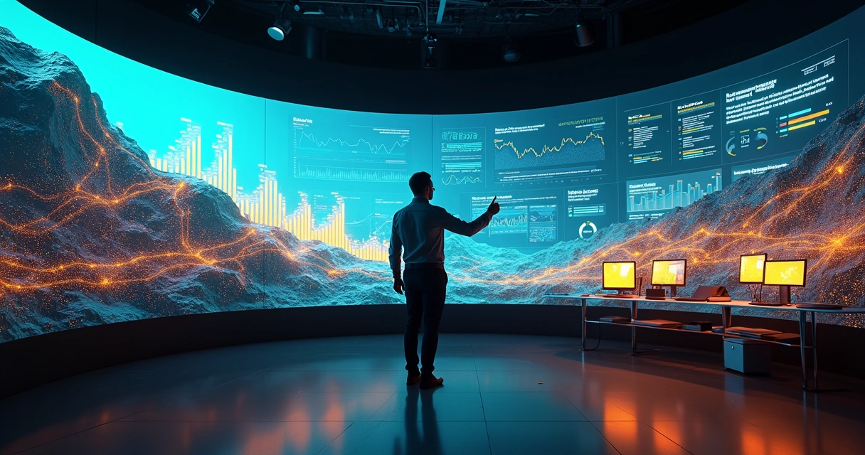 Analista observa painel 3D com mineração de dados e gráficos comerciais 