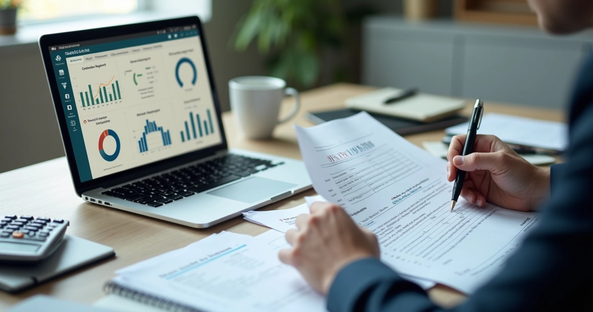 Analista revisando documentos e indicadores de crédito em mesa de trabalho 