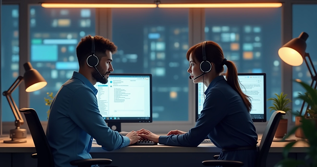 Analista humano e chatbot atendendo juntos usuários em um centro de suporte 