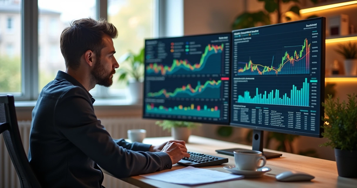 Pessoa analisando gráficos financeiros em tela de computador 