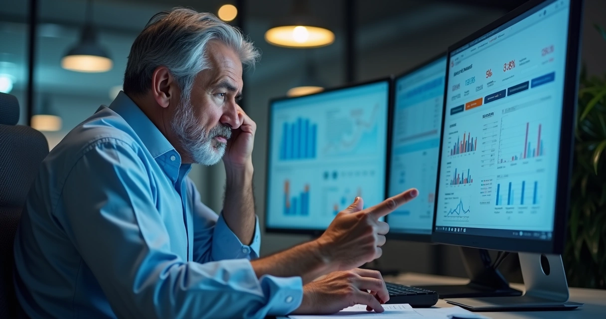 Analista de vendas revisando relatório com expressão de dúvida 