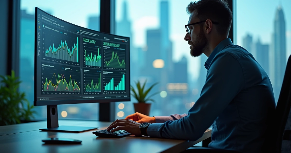 Analista financeiro analisando gráficos em monitor 