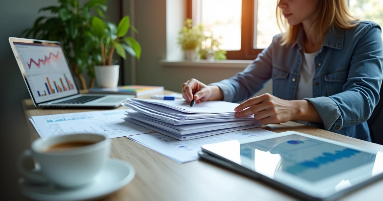 Analista financeiro com documentos organizados na mesa 
