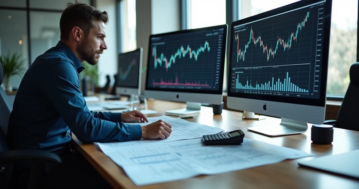 Analista financeiro revisando relatórios empresariais e cálculos de valuation. 