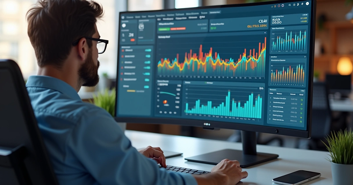 Profissional analisando dados do Google Analytics 4 em tela de computador com gráficos coloridos e interface moderna 