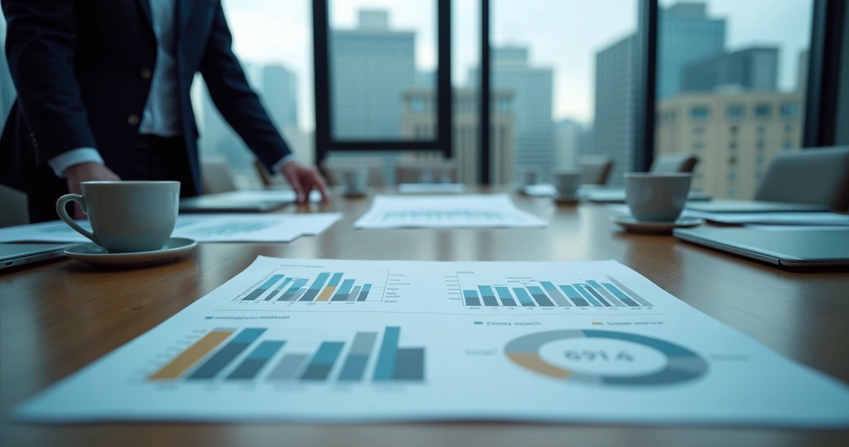 Analista de mercado avaliando gráficos de commodities e câmbio em sala de reuniões 