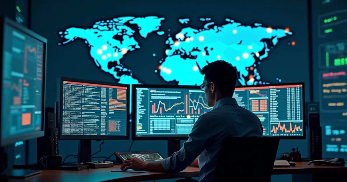 Profissional monitorando um painel de segurança digital