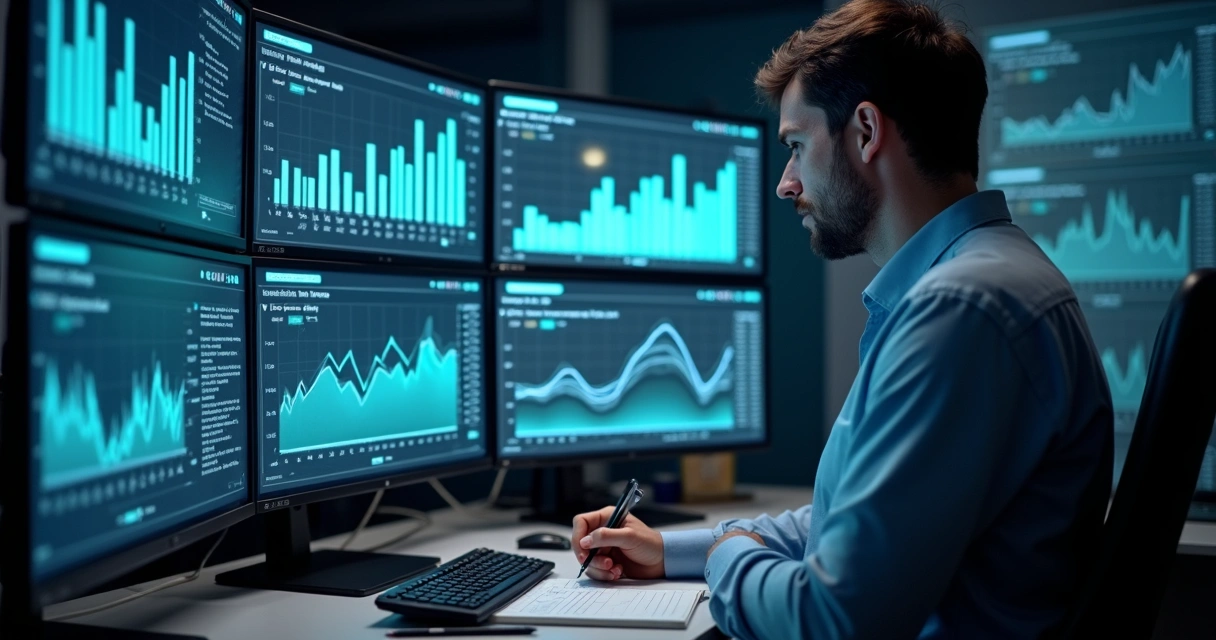 Analista de FIDC monitorando gráficos em tela de computador 