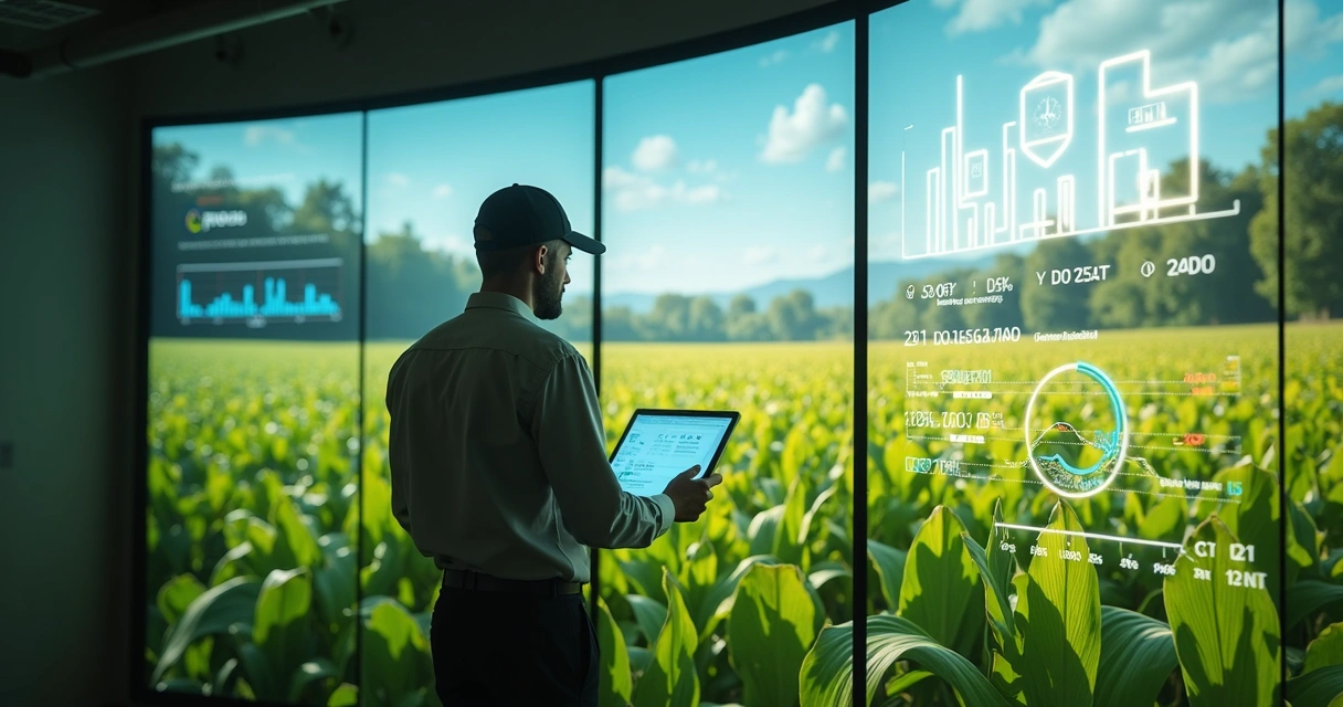 Analista agrícola observando gráficos digitais de risco e preços ao lado de plantação 
