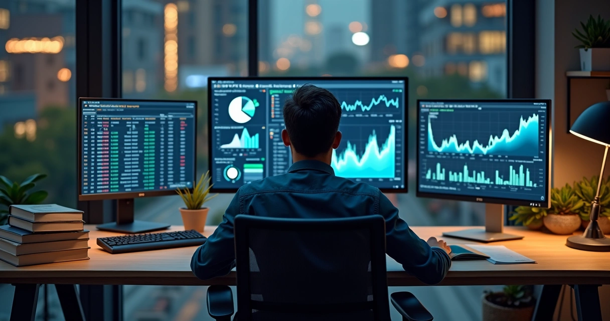 Analista de mercado acompanha gráficos de milho em várias telas num escritório moderno 
