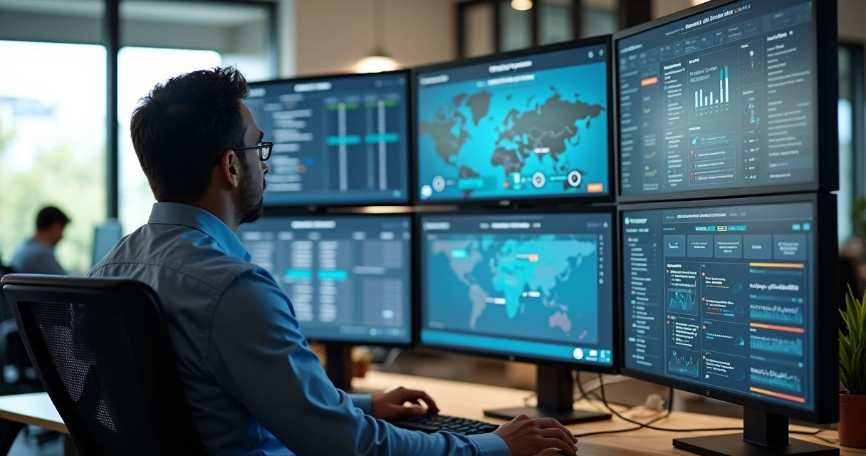 Analista de TI monitorando processos automatizados em várias telas no escritório. 