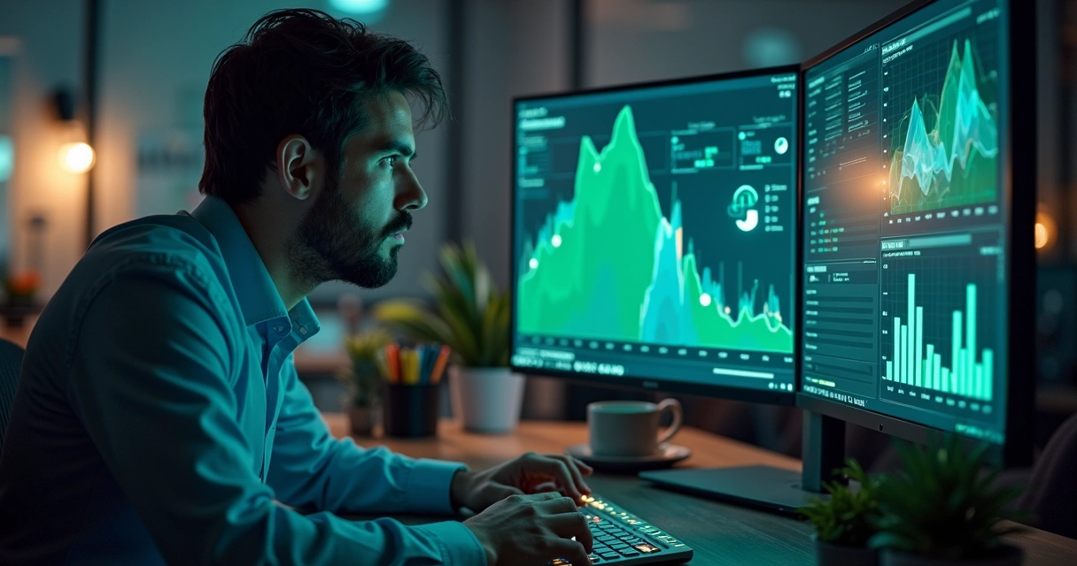 Profissional observando métricas em tela de computador com gráficos de segurança do WhatsApp corporativo 