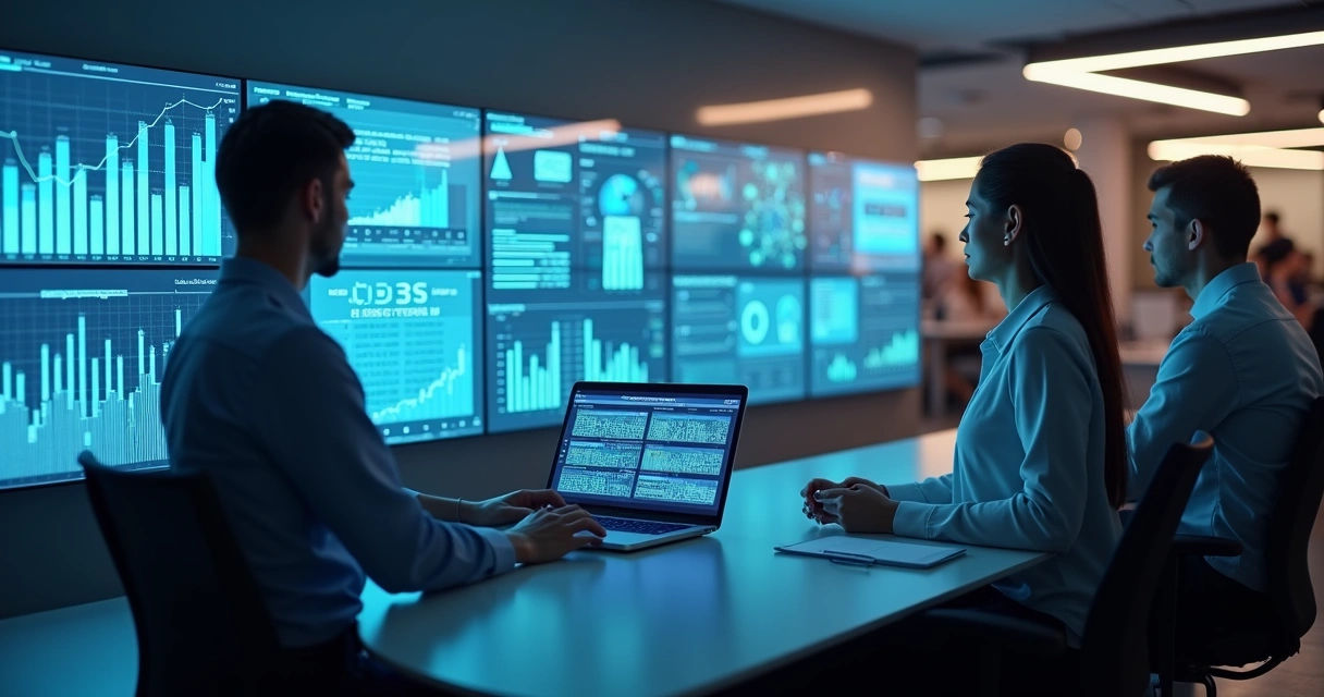 Assistente virtual analisando informações empresariais em tempo real no escritório