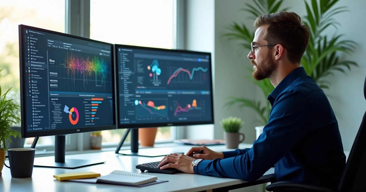 Profissional analisando relatórios em tela de computador com gráficos Power BI 