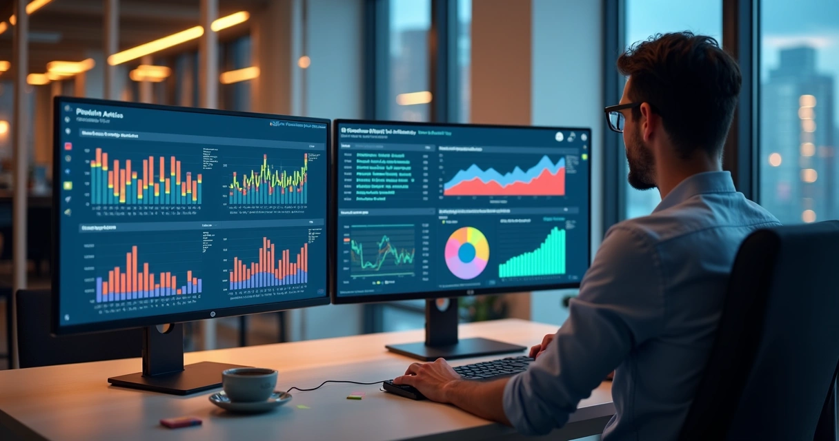 Pessoa analisando gráficos de previsão de demanda com IA em dois monitores num escritório moderno 