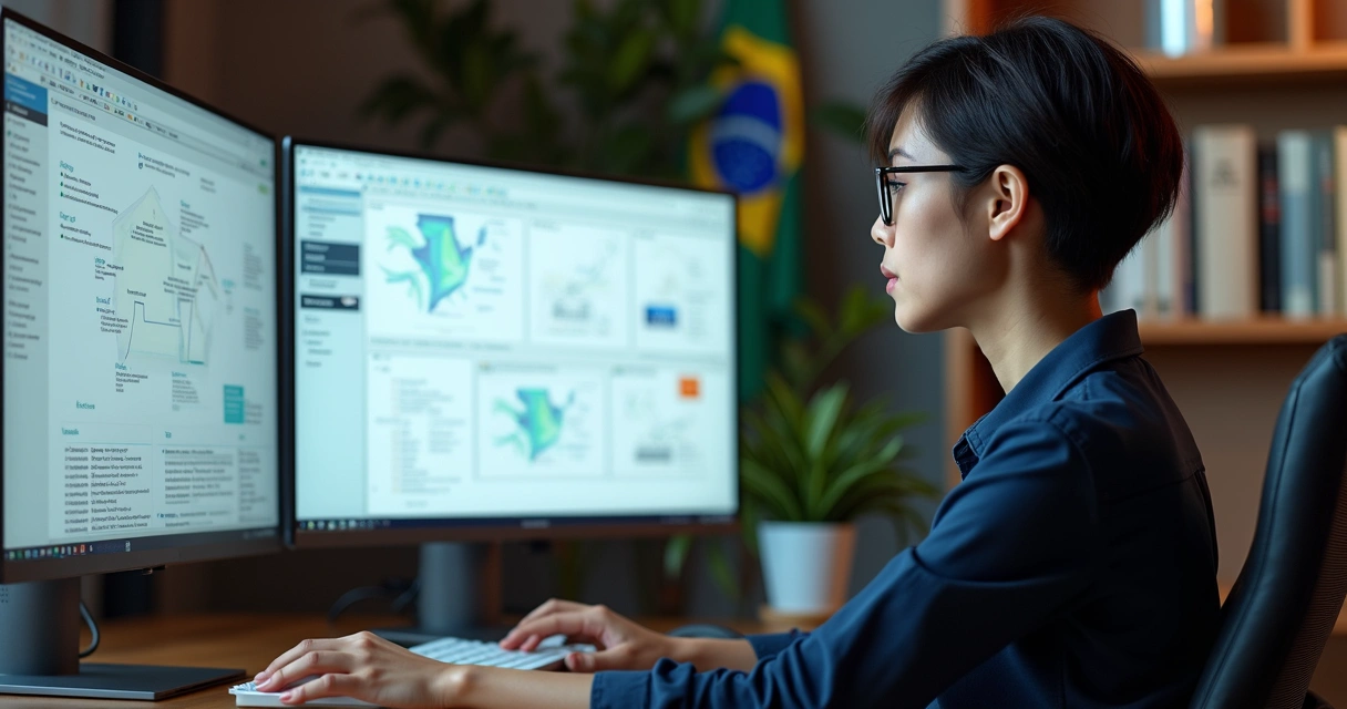 Analista de TI revisando projeto digital em monitor duplo 