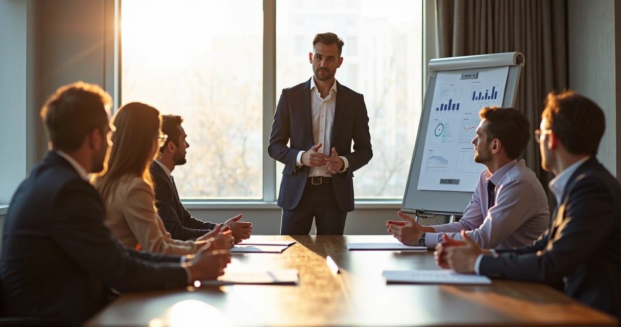 Analista liderando uma reunião com colegas atentos 