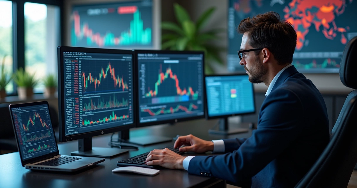 Analista quantitativo trabalhando em computador com gráficos financeiros complexos na tela, ambiente moderno de escritório 
