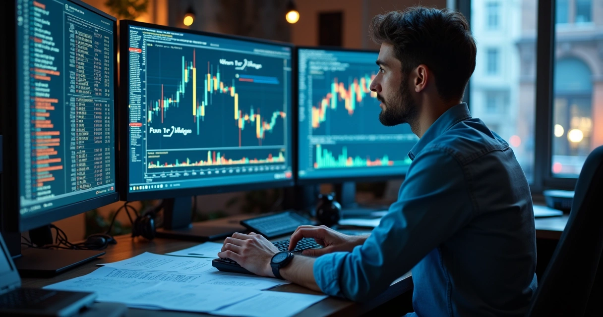 Especialista em análise quantitativa programando em frente a vários monitores. 