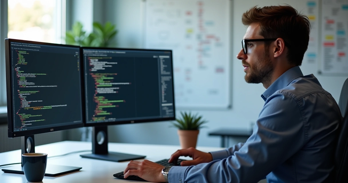 Analista de sistemas SAP em frente ao computador com telas de código ABAP e Smartforms. 
