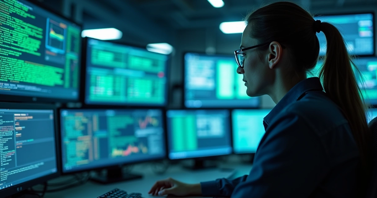 Analista de segurança monitorando dados em múltiplas telas 